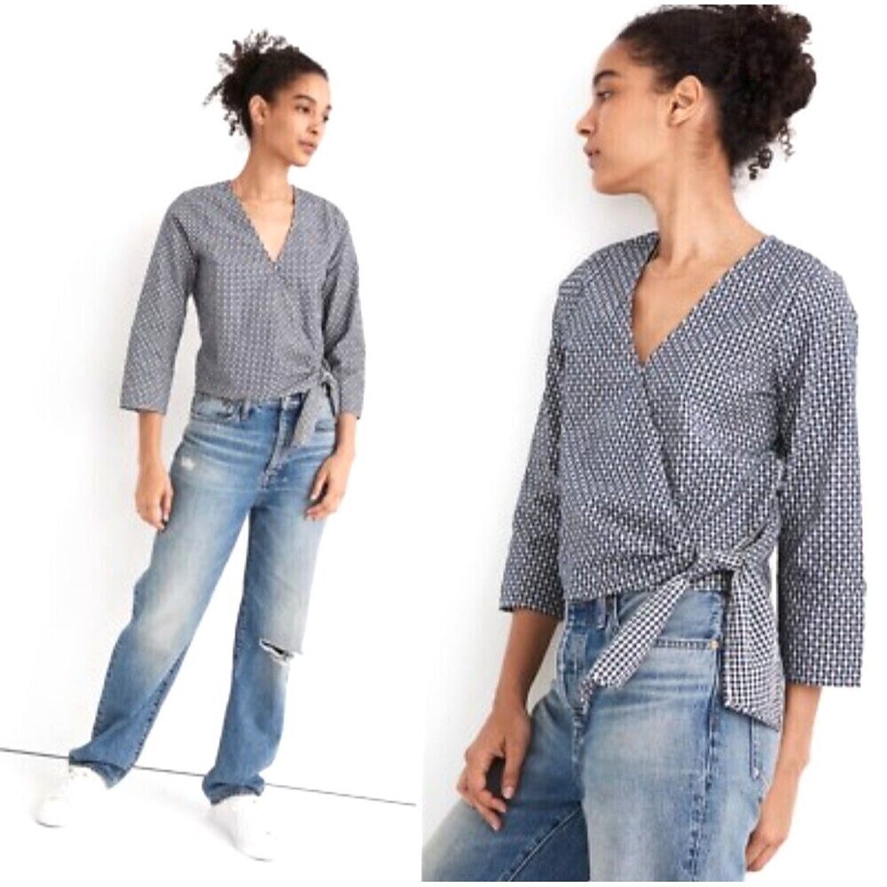 Madewell Textured Wrap Gingham Navy Blue Checkered Blouse Top Shirt XXS 1076R2